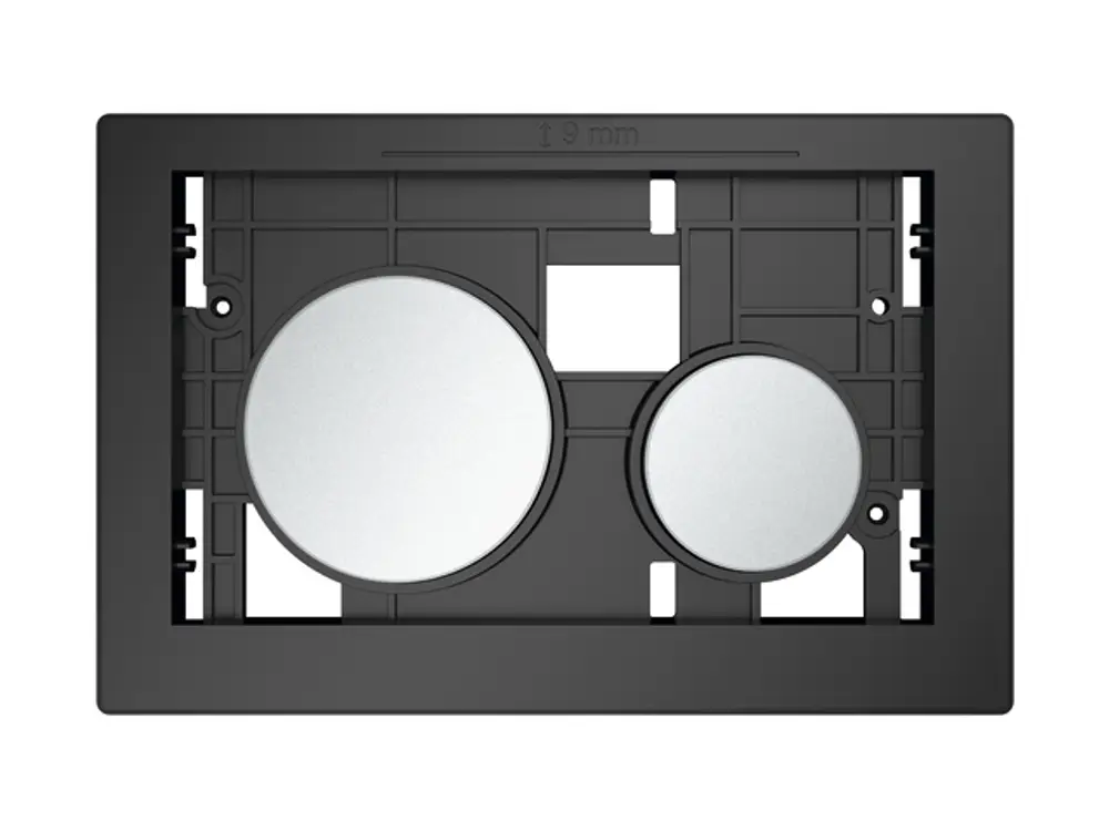 TECE Betätigungseinheit mit zwei runden Tasten in Chrom matt, das Produkt ist für die WC-Betätigung konzipiert und hat eine schwarze Basisstruktur.